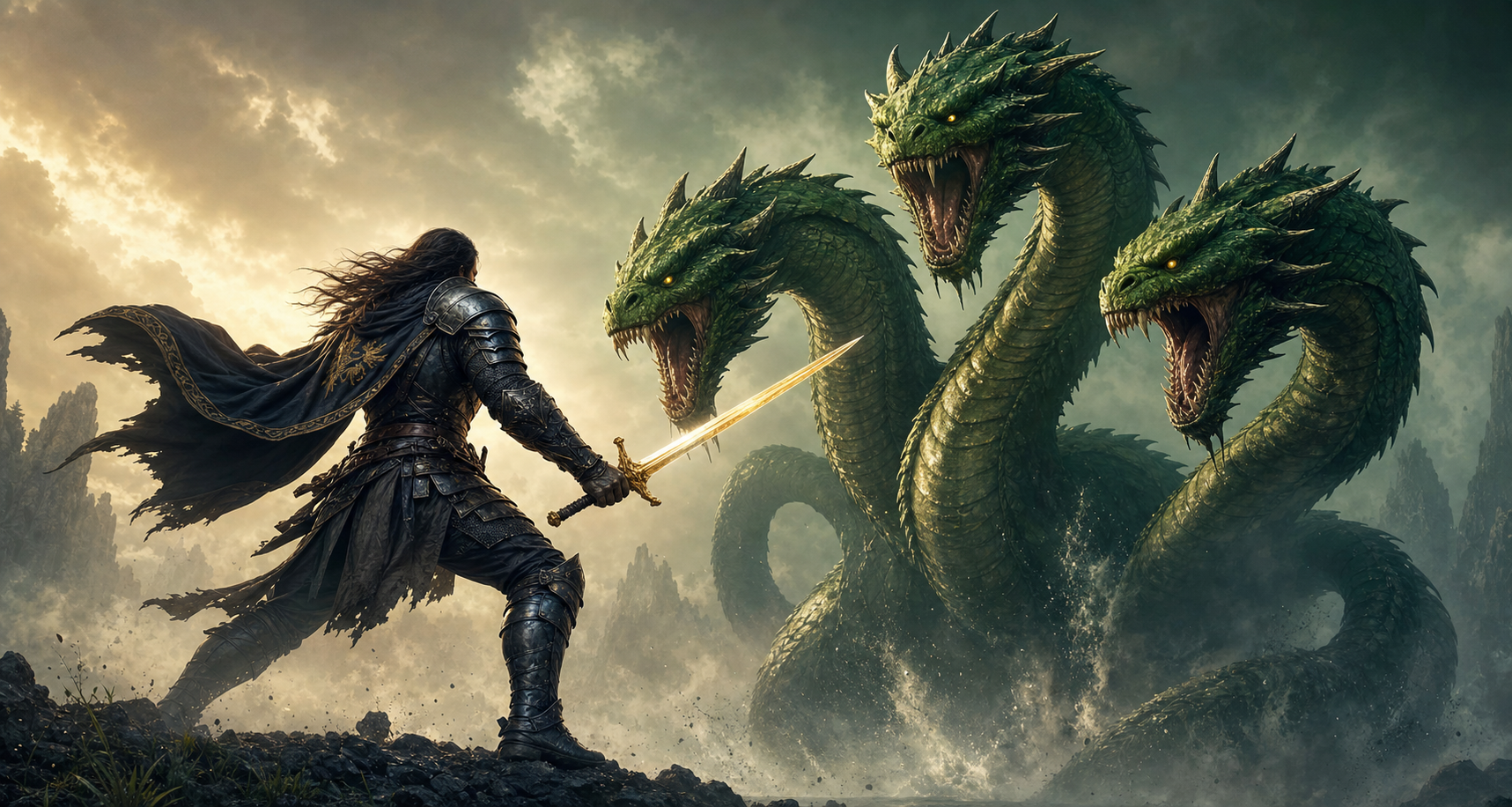 A warrior facing a green three-headed hydra